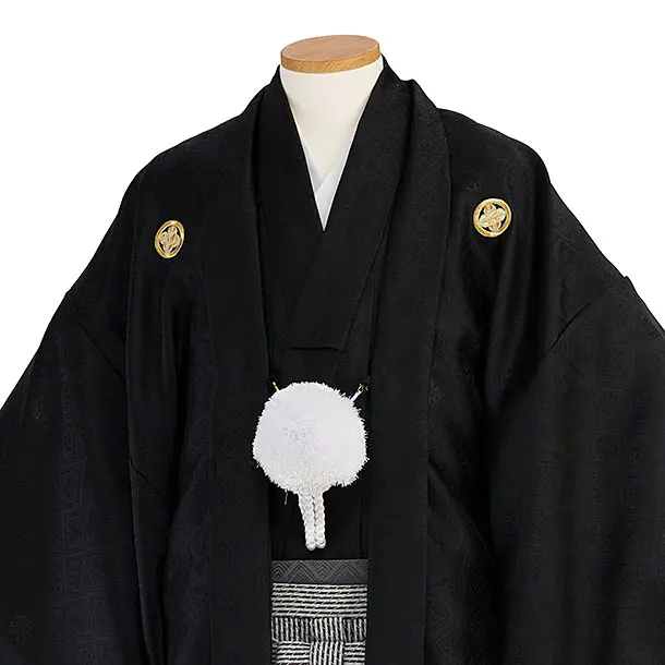 卒業式成人式袴レンタル 0279 黒 家紋柄／グレーストライプ袴