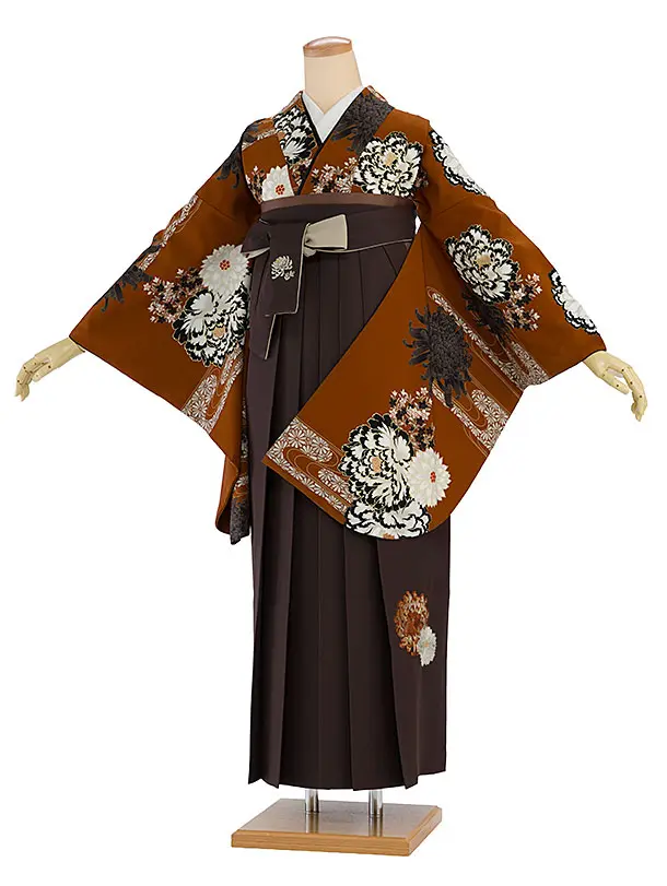 卒業式女性袴 1181 紅一点／レンガ色 牡丹に菊／こげ茶 乱菊刺繍袴