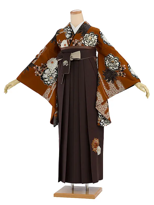 卒業式女性袴 1181 紅一点／レンガ色 牡丹に菊／こげ茶 乱菊刺繍袴