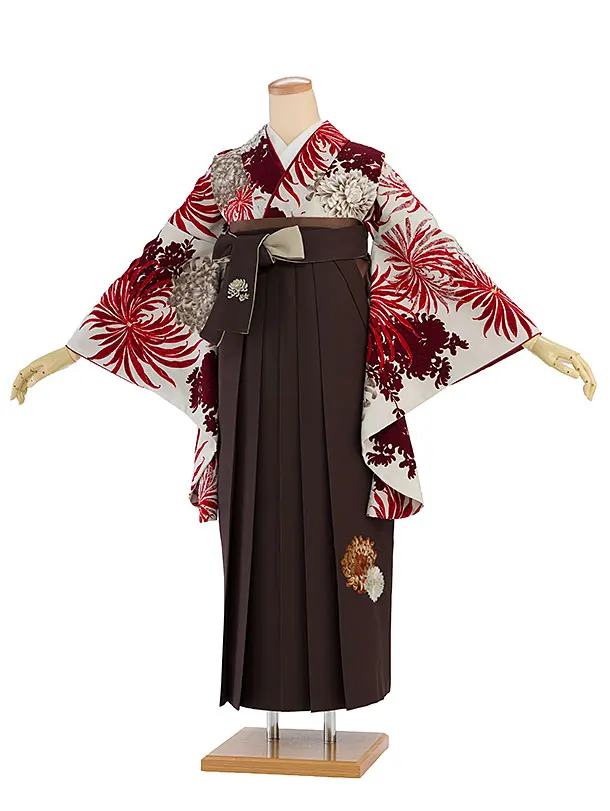 卒業式女性袴 1182 紅一点／グレージュ 乱菊／こげ茶 乱菊刺繍袴