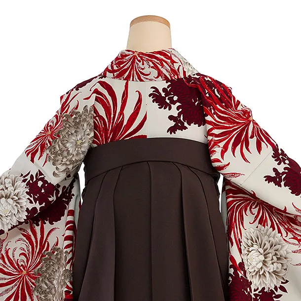 卒業式女性袴 1182 紅一点／グレージュ 乱菊／こげ茶 乱菊刺繍袴