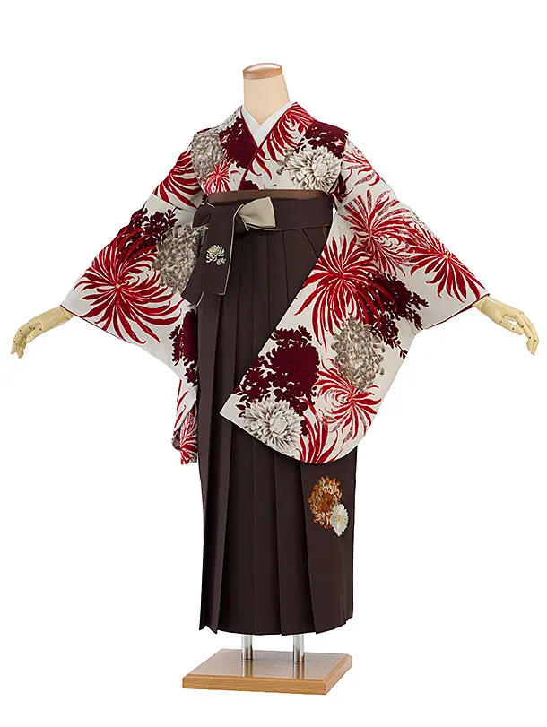 卒業式女性袴 1183 紅一点／グレージュ 乱菊／こげ茶 乱菊刺繍袴