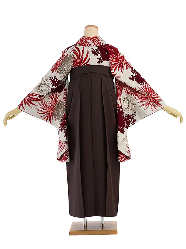 卒業式女性袴 1183 紅一点／グレージュ 乱菊／こげ茶 乱菊刺繍袴