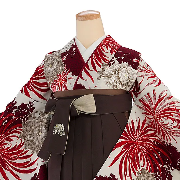 卒業式女性袴 1183 紅一点／グレージュ 乱菊／こげ茶 乱菊刺繍袴