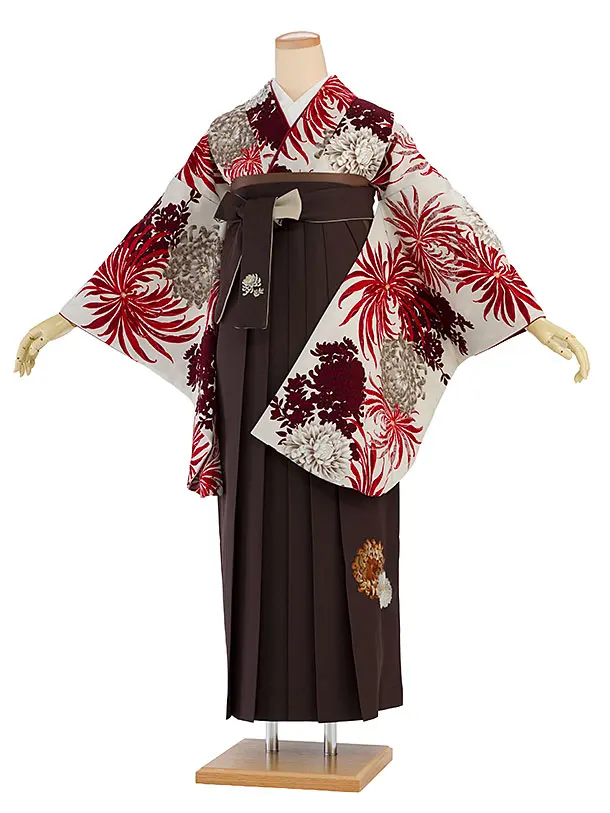 卒業式女性袴 1184 紅一点／グレージュ 乱菊／こげ茶 乱菊刺繍袴