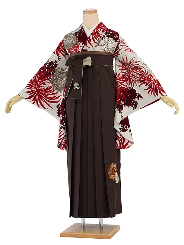 卒業式女性袴 1184 紅一点／グレージュ 乱菊／こげ茶 乱菊刺繍袴