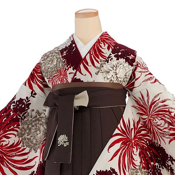 卒業式女性袴 1184 紅一点／グレージュ 乱菊／こげ茶 乱菊刺繍袴