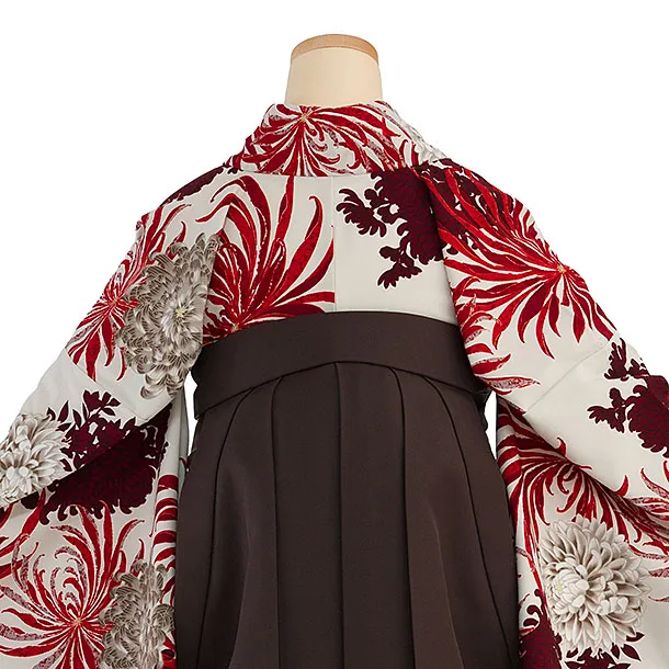 卒業式女性袴 1184 紅一点／グレージュ 乱菊／こげ茶 乱菊刺繍袴