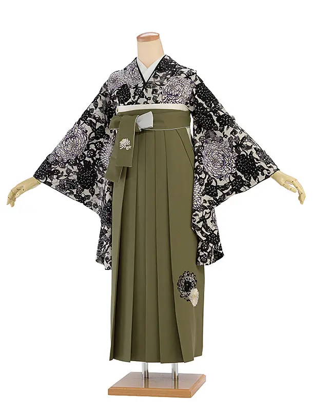 卒業式女性袴 1185 紅一点／グレージュ 菊尽くし／カーキ 乱菊刺繍袴