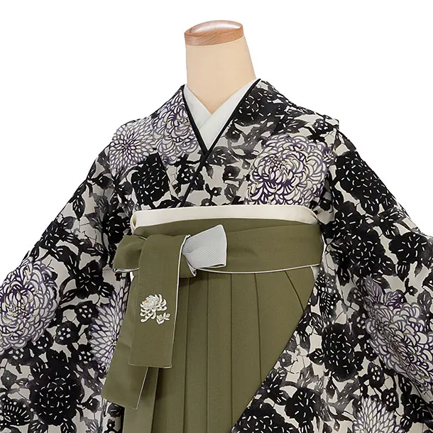 卒業式女性袴 1185 紅一点／グレージュ 菊尽くし／カーキ 乱菊刺繍袴