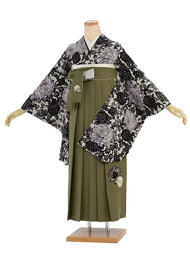 卒業式女性袴 1186 紅一点／グレージュ 菊尽くし／カーキ 乱菊刺繍袴