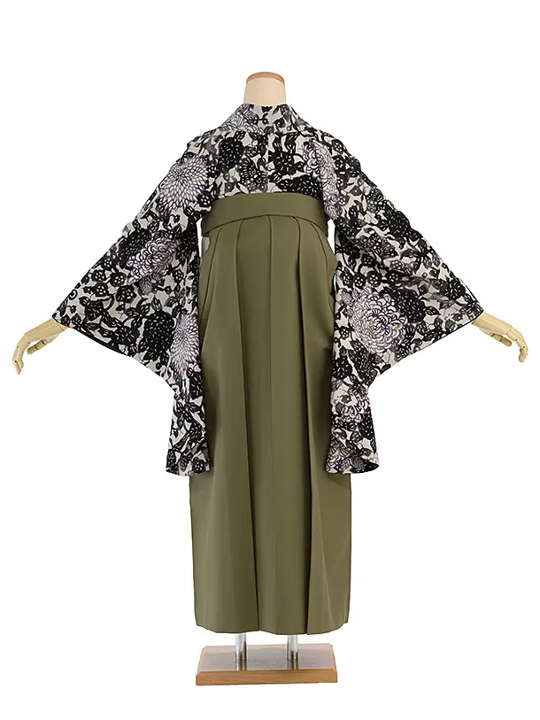 卒業式女性袴 1186 紅一点／グレージュ 菊尽くし／カーキ 乱菊刺繍袴