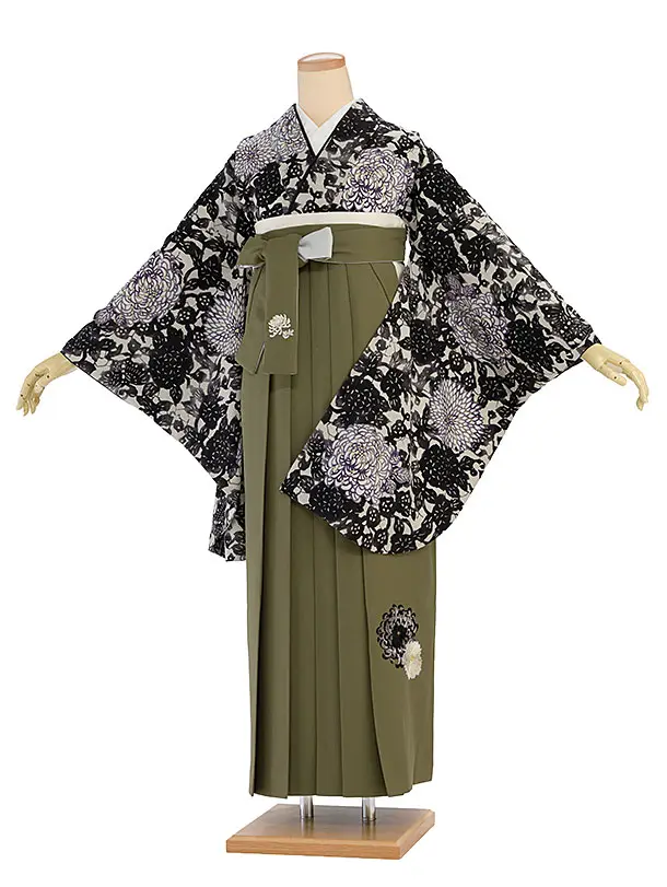 卒業式女性袴 1187 紅一点／グレージュ 菊尽くし／カーキ 乱菊刺繍袴