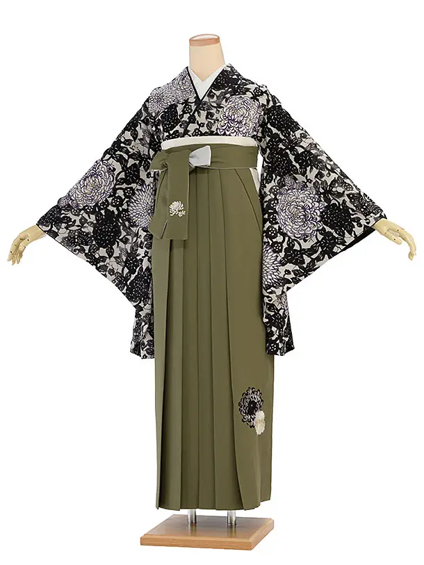 卒業式女性袴 1187 紅一点／グレージュ 菊尽くし／カーキ 乱菊刺繍袴