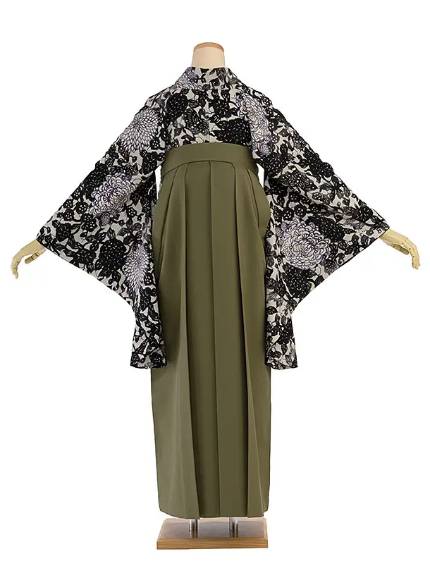 卒業式女性袴 1187 紅一点／グレージュ 菊尽くし／カーキ 乱菊刺繍袴