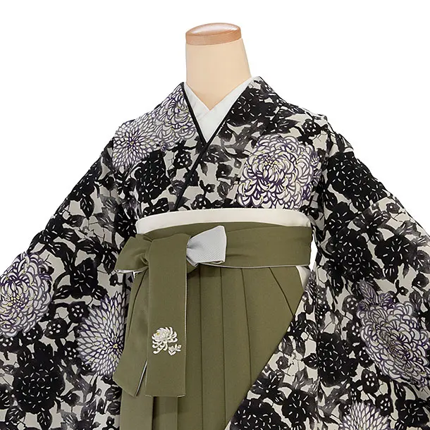 卒業式女性袴 1187 紅一点／グレージュ 菊尽くし／カーキ 乱菊刺繍袴