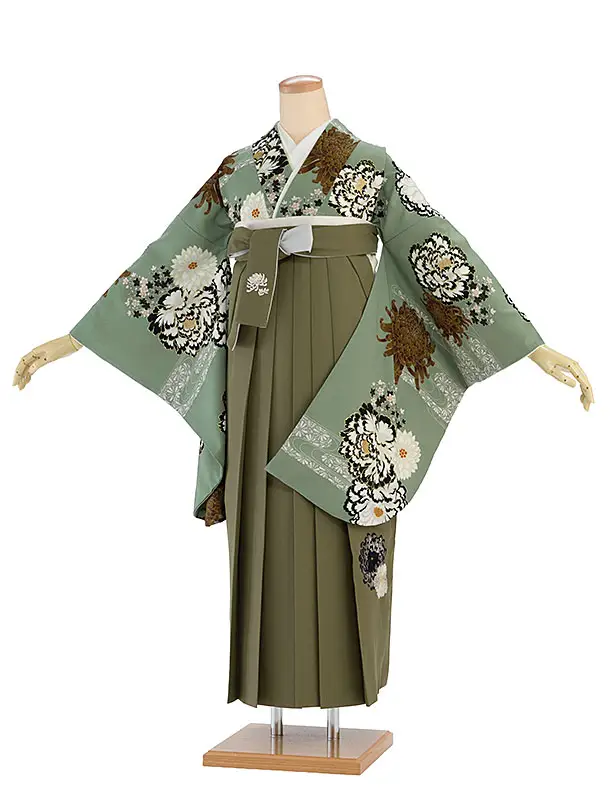 卒業式女性袴 1188 紅一点／渋薄緑 牡丹に菊／カーキ 乱菊刺繍袴