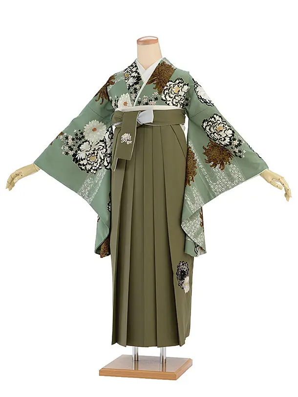 卒業式女性袴 1188 紅一点／渋薄緑 牡丹に菊／カーキ 乱菊刺繍袴