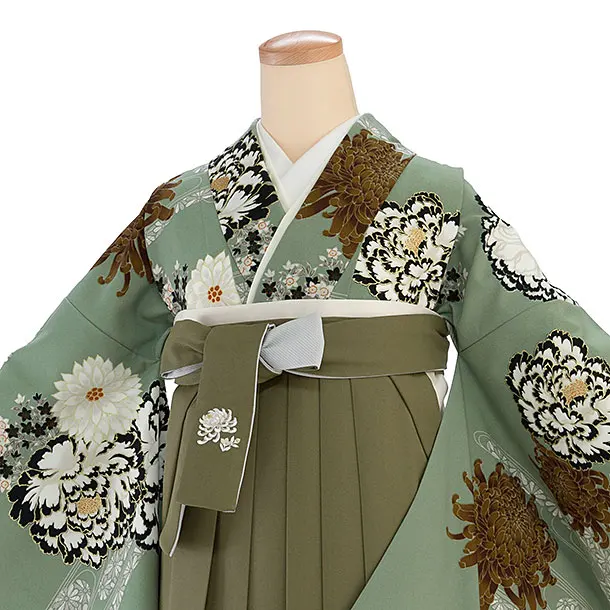 卒業式女性袴 1188 紅一点／渋薄緑 牡丹に菊／カーキ 乱菊刺繍袴