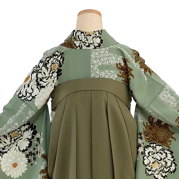 卒業式女性袴 1188 紅一点／渋薄緑 牡丹に菊／カーキ 乱菊刺繍袴