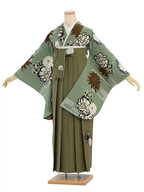 卒業式女性袴 1190 紅一点／渋薄緑 牡丹に菊／カーキ 乱菊刺繍袴