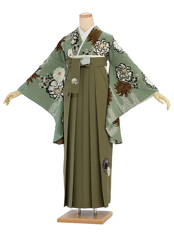 卒業式女性袴 1190 紅一点／渋薄緑 牡丹に菊／カーキ 乱菊刺繍袴