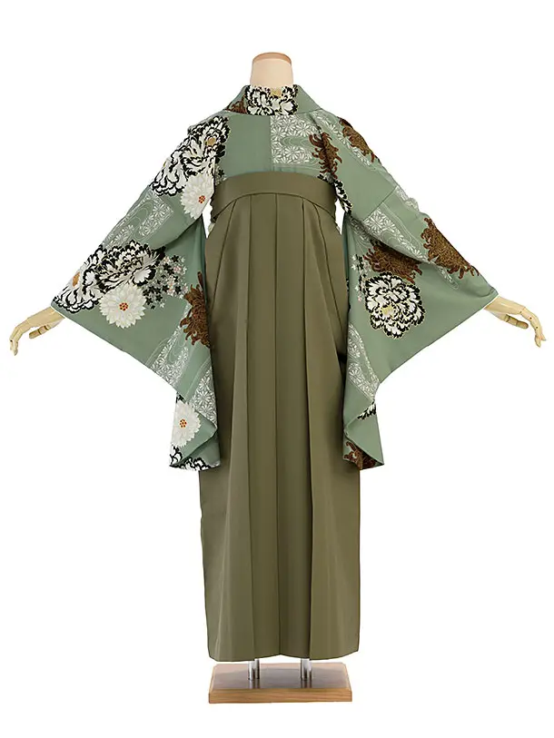 卒業式女性袴 1190 紅一点／渋薄緑 牡丹に菊／カーキ 乱菊刺繍袴