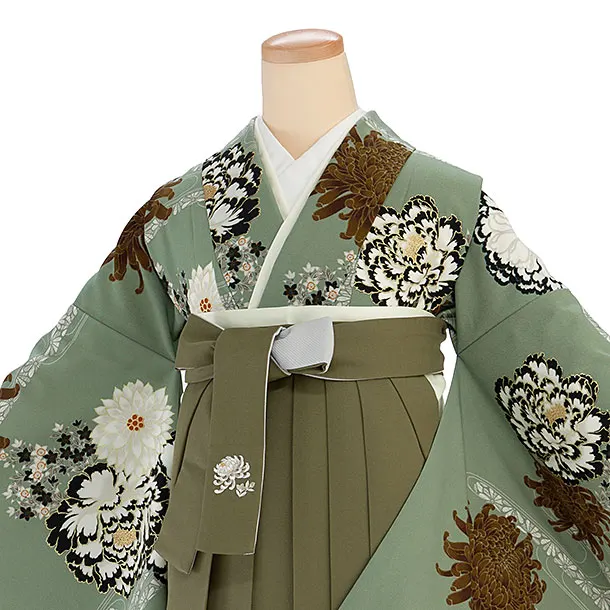 卒業式女性袴 1190 紅一点／渋薄緑 牡丹に菊／カーキ 乱菊刺繍袴