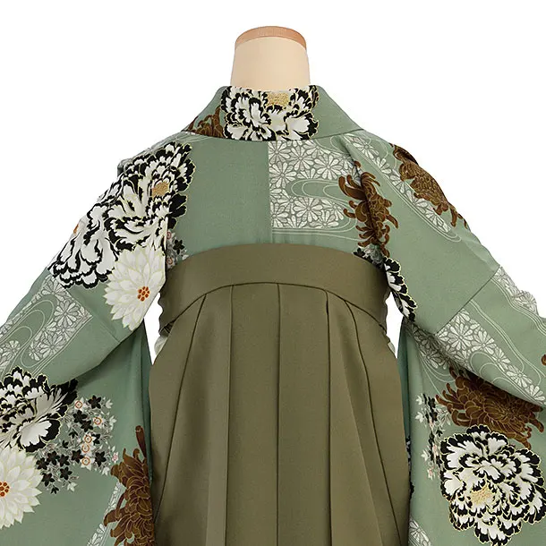 卒業式女性袴 1190 紅一点／渋薄緑 牡丹に菊／カーキ 乱菊刺繍袴