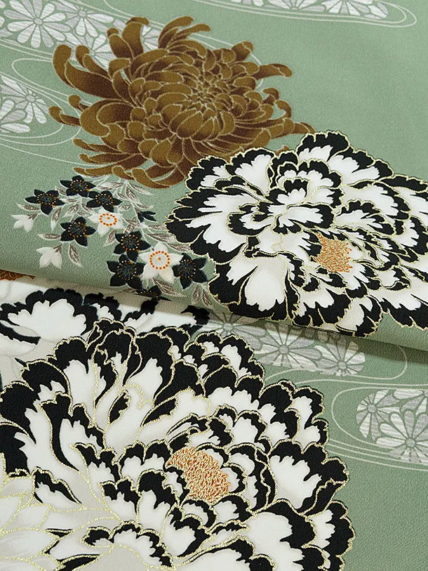 卒業式女性袴 1190 紅一点／渋薄緑 牡丹に菊／カーキ 乱菊刺繍袴