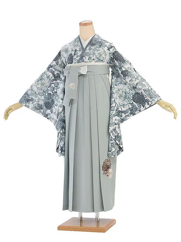 卒業式女性袴 1192 紅一点／オフホワイト 菊尽くし／ブルーグレー 乱菊刺繍袴