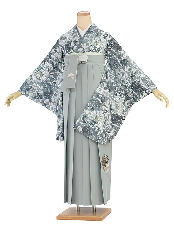 卒業式女性袴 1193 紅一点／オフホワイト 菊尽くし／ブルーグレー 乱菊刺繍袴