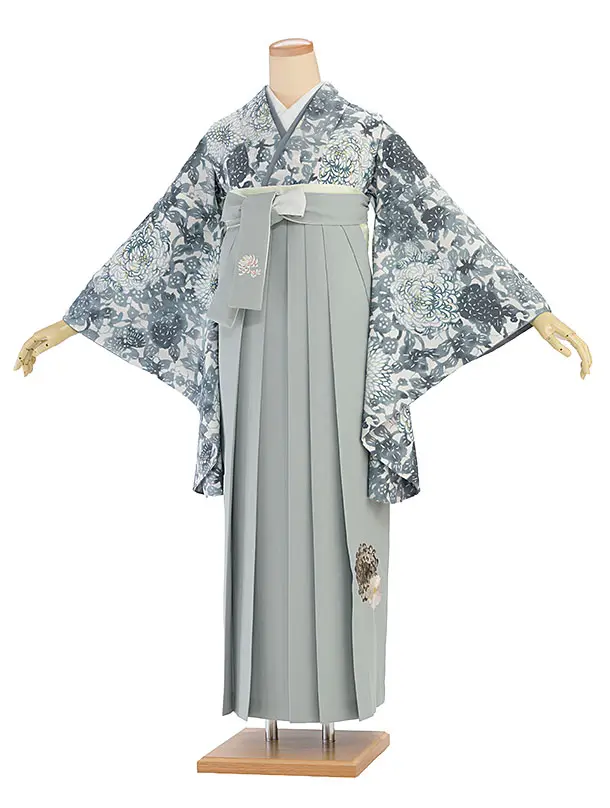 卒業式女性袴 1193 紅一点／オフホワイト 菊尽くし／ブルーグレー 乱菊刺繍袴