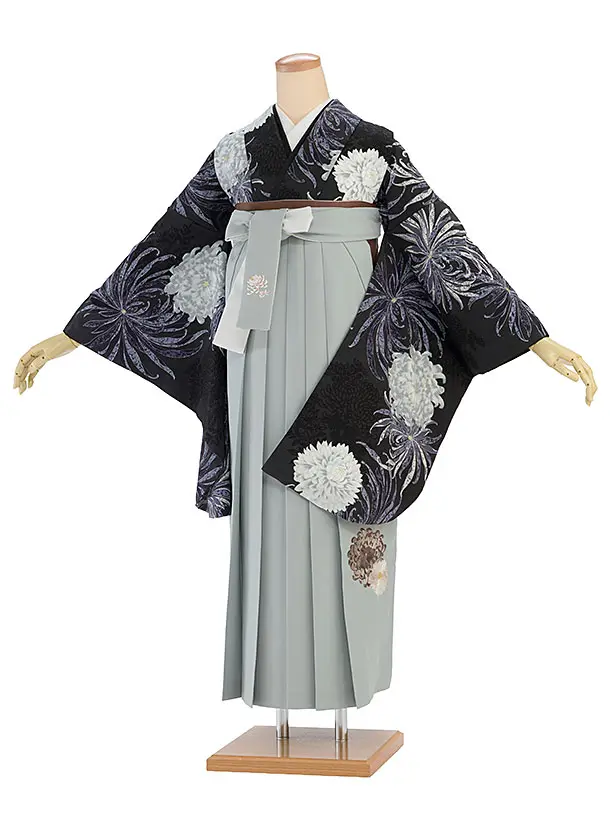 卒業式女性袴 1195 紅一点／ダークグレー 乱菊／ブルーグレー 乱菊刺繍袴
