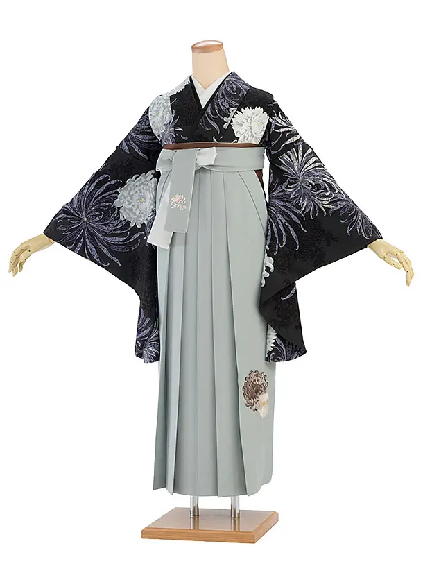 卒業式女性袴 1195 紅一点／ダークグレー 乱菊／ブルーグレー 乱菊刺繍袴