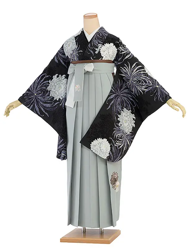 卒業式女性袴 1196 紅一点／ダークグレー 乱菊／ブルーグレー 乱菊刺繍袴