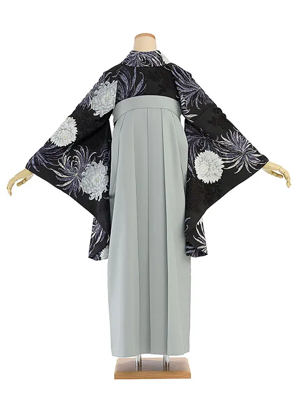 卒業式女性袴 1196 紅一点／ダークグレー 乱菊／ブルーグレー 乱菊刺繍袴
