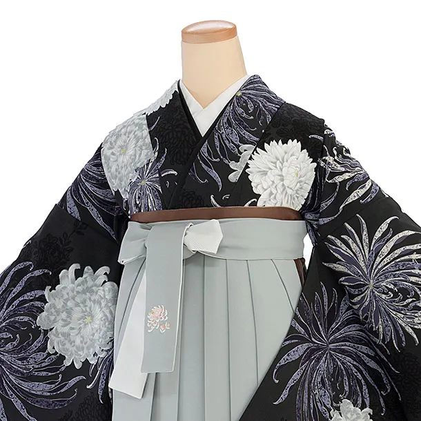 卒業式女性袴 1196 紅一点／ダークグレー 乱菊／ブルーグレー 乱菊刺繍袴