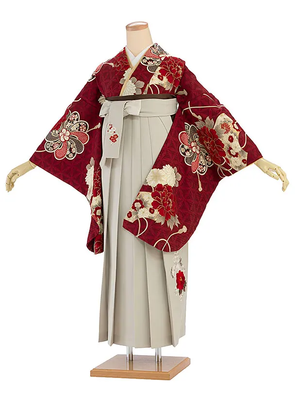卒業式女性袴 1197 九重／赤 扇面に牡丹／ベージュ 牡丹梅菊刺繍袴