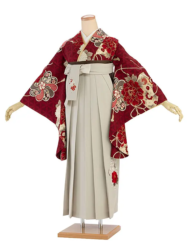 卒業式女性袴 1198 九重／赤 扇面に牡丹／ベージュ 牡丹梅菊刺繍袴
