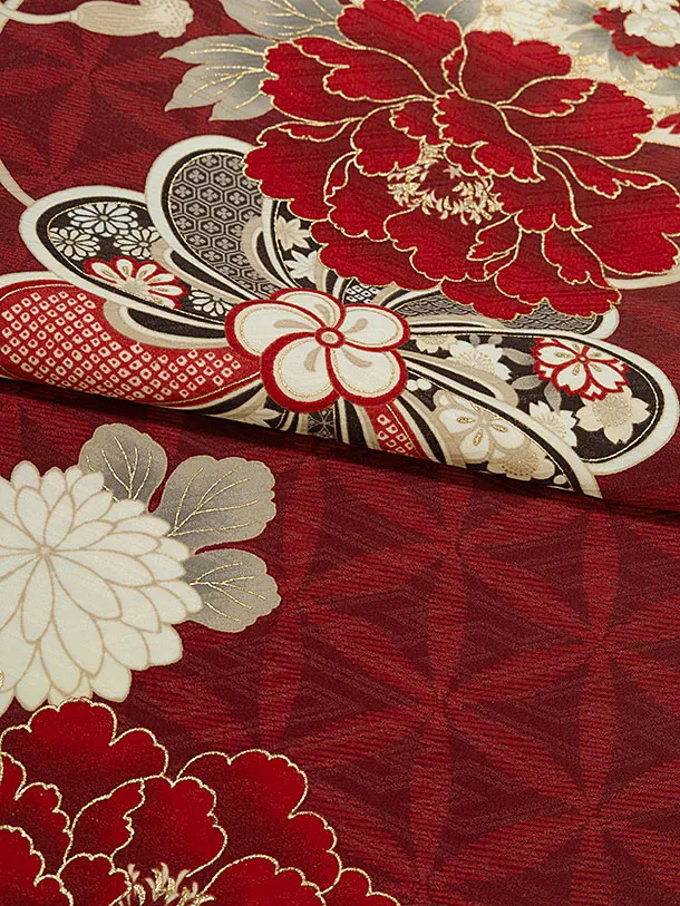 卒業式女性袴 1198 九重／赤 扇面に牡丹／ベージュ 牡丹梅菊刺繍袴