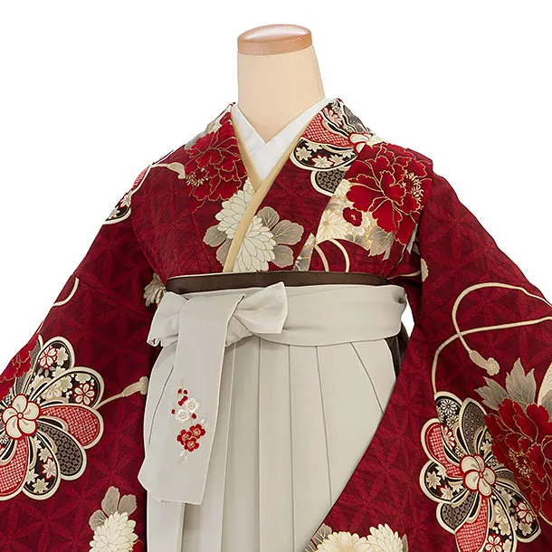 卒業式女性袴 1199 九重／赤 扇面に牡丹／ベージュ 牡丹梅菊刺繍袴