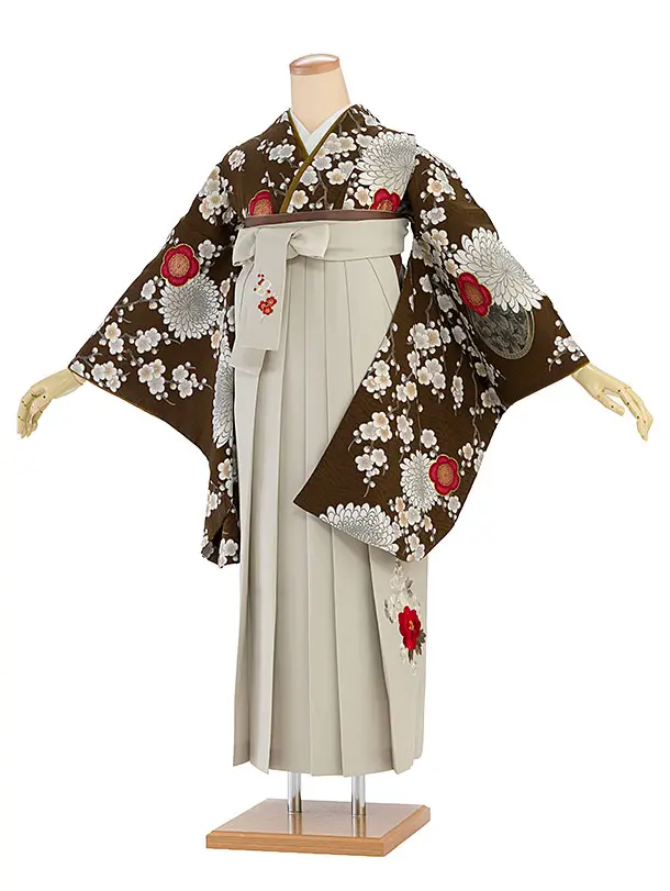 卒業式女性袴 1200 九重／ブラウン 梅に菊／ベージュ 牡丹梅菊刺繍袴