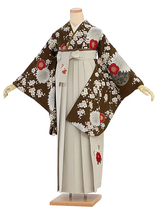 卒業式女性袴 1202 九重／ブラウン 梅に菊／ベージュ 牡丹梅菊刺繍袴