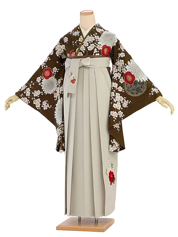 卒業式女性袴 1202 九重／ブラウン 梅に菊／ベージュ 牡丹梅菊刺繍袴