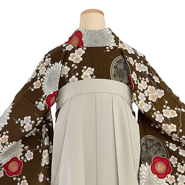 卒業式女性袴 1202 九重／ブラウン 梅に菊／ベージュ 牡丹梅菊刺繍袴