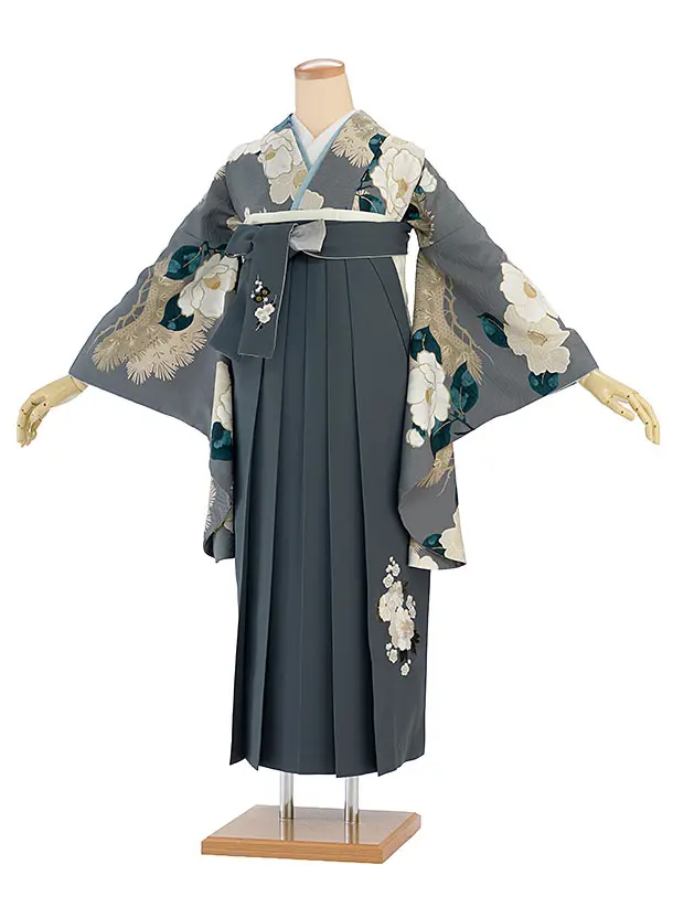 卒業式女性袴 1203 九重／グレー 椿松／ブルーグレー 牡丹梅菊刺繍袴