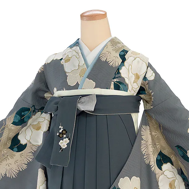 卒業式女性袴 1203 九重／グレー 椿松／ブルーグレー 牡丹梅菊刺繍袴