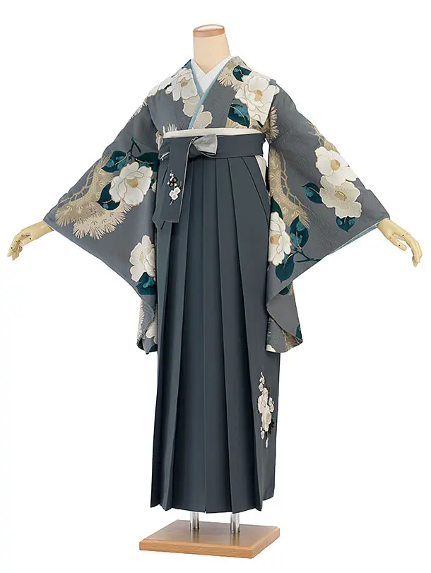 卒業式女性袴 1205 九重／グレー 椿松／ブルーグレー 牡丹梅菊刺繍袴