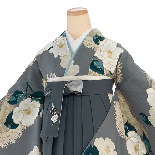 卒業式女性袴 1205 九重／グレー 椿松／ブルーグレー 牡丹梅菊刺繍袴